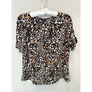 TALBOTS | Petite Animal Print Silky Keyhole Ruched Short Sleeve Top | Medium
